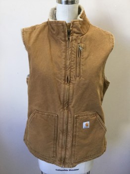 CARHARTT, Camel Brown, Cotton, Solid, Work Vest, Twill Outside, Beige Fleece Inside, Zip Front, Stand Collar, 3 Pockets
