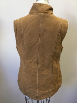 CARHARTT, Camel Brown, Cotton, Solid, Work Vest, Twill Outside, Beige Fleece Inside, Zip Front, Stand Collar, 3 Pockets