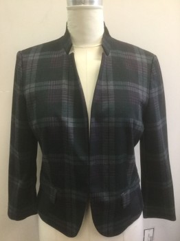 NINE WEST, Charcoal Gray, Dk Purple, Gray, Black, Polyester, Viscose, Plaid, Thin Stand Collar/Notch Lapel Hybrid, Padded Shoulders, 1 Hook&Eye Closure at Center Front, 2 Pockets, Solid Dark Purple Lining