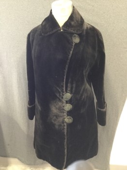 Womens, Coat 1890s-1910s, NL, Black, Cotton, Silk, Solid, B40, Womens Upper Class Velvet 3/4 Length Coat, 1 Button Closure at Neck, 3 Button Closure at Side Left Front, Collar Attached,Cuffed Sleeves. Some Wear at Cuffs