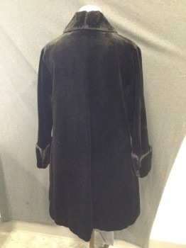 Womens, Coat 1890s-1910s, NL, Black, Cotton, Silk, Solid, B40, Womens Upper Class Velvet 3/4 Length Coat, 1 Button Closure at Neck, 3 Button Closure at Side Left Front, Collar Attached,Cuffed Sleeves. Some Wear at Cuffs
