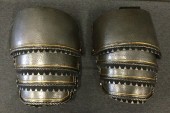 Mens, Historical Fiction Armor, MTO, Silver, Rubber, O/S, SUIT of ARMOR: Spaulder (Shoulder Armor): Silver Rubber Aged to Look Like Metal, 2 Piece, Tiered Pieces, Faux Rivet Attachments, Leather Trim with Silver Triangle Metal Detail, 2 Leather Buckle Straps, Velcro Elastic Strap for Attaching to Shoulder Piece