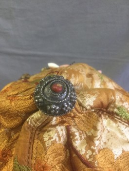 Unisex, Sci-Fi/Fantasy Headpiece, N/L MTO, Brown, Ecru, Beige, Olive Green, Polyester, Beaded, Abstract , Shades of Brown/Olive Brocade Coif Style Hat with Ear Flaps, Tribal Beaded Bones/Teeth Detail Across Forehead, Metal Cap at Top of Head, Made To Order