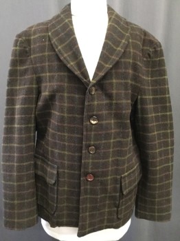 Childrens, Jacket 1890s-1910s, MTO, Brown, Mustard Yellow, Olive Green, Navy Blue, Brick Red, Wool, Plaid-  Windowpane, XS, C:36, 4 Button Front, Shawl Collar, Pocket Flap,