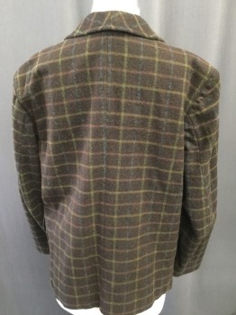 Childrens, Jacket 1890s-1910s, MTO, Brown, Mustard Yellow, Olive Green, Navy Blue, Brick Red, Wool, Plaid-  Windowpane, XS, C:36, 4 Button Front, Shawl Collar, Pocket Flap,
