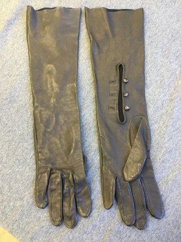 Womens, Gloves 1890s-1910s, LA CRASIA, Black, Leather, Solid, Length to Top Fore Arm, 3 Button Opening at Wrist,