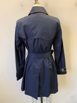 LAUREN RL, Navy Blue, Poly/Cotton, Viscose, 1 Piece with Belt, Brown Faux Leather Trim, Collar Attached, Hook & Eye Collar, Single Breasted, Button Front, Long Sleeves, 2 Side Pockets