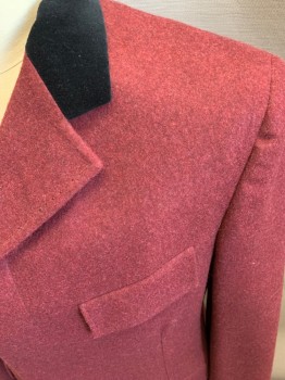 Mens, Historical Fiction Coat, MARTIN GREENFIELD, Wine Red, Black, Wool, Cotton, Solid, Color Blocking, C42, Single Breasted, 4 Buttons, Hidden Button Placket, 1/2 Velvet Notched Lapel, 4 Flap Pockets, Belted Back with Button Detail