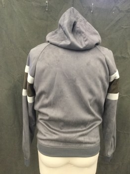 ZARA, Gray, Brown, Dove Gray, Polyester, Stripes, Faux Suede, Zip Front, Raglan Long Sleeves, 2 Pockets, Attached Hood, Ribbed Knit Waistband/Cuff