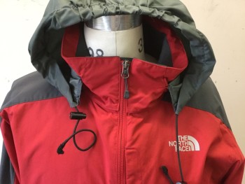 THE NORTH FACE, Red, Dk Gray, Nylon, Color Blocking, Zip Front, Stand Collar, Attached Hood, 2 Zipper Pockets, Lightweight