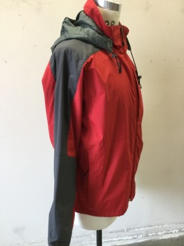 THE NORTH FACE, Red, Dk Gray, Nylon, Color Blocking, Zip Front, Stand Collar, Attached Hood, 2 Zipper Pockets, Lightweight