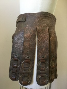 Mens, Historical Fiction Skirt, MTO, Brown, Brass Metallic, Leather, Metallic/Metal, W28, Leather Tab Skirt with Metal Hardware and Studs, Made To Order, Aged/Distressed,