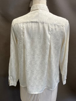Womens, Blouse, WORTHINGTON, Off White, Polyester, Floral, B:40, 12, Jacquard Roses/ Bows, C.A., B.F., Hidden Placket, Pleats @ Shoulders, L/S, Covered Btns @ Collar & Cuffs
