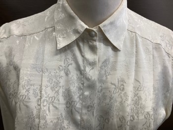 WORTHINGTON, Off White, Polyester, Floral, Jacquard Roses/ Bows, C.A., B.F., Hidden Placket, Pleats @ Shoulders, L/S, Covered Btns @ Collar & Cuffs