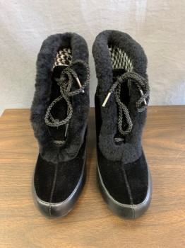 Womens, Boots, Royal Vintage, Black, White, Leather, Wool, Solid, Houndstooth, 6, Black Leather Winter Boot , with Black Velvet Upper and Black Fur Trim , Blk and Wht, Houndstooth Lining , 4 pairs of Eye holes with Thick Shiny Black Cording for Lacing, Thick Leather Covered 2'' Heel, Rubber Sole