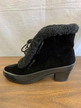 Womens, Boots, Royal Vintage, Black, White, Leather, Wool, Solid, Houndstooth, 6, Black Leather Winter Boot , with Black Velvet Upper and Black Fur Trim , Blk and Wht, Houndstooth Lining , 4 pairs of Eye holes with Thick Shiny Black Cording for Lacing, Thick Leather Covered 2'' Heel, Rubber Sole