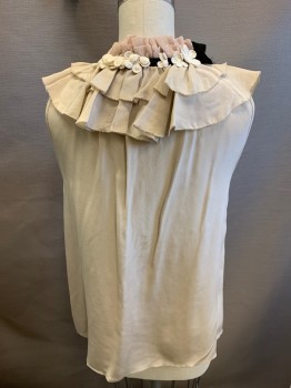 Womens, Top, FLOREAT, Taupe, Black, White, Silk, Solid, Color Blocking, 4, Sleeveless, Flounce Collar with Flower Appliqués, Keyhole with Ribbon Tie