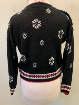 Womens, Pullover, N/L, Black, Red, Green, White, Tan Brown, Acrylic, Holiday, 44, Christmas Theme, Black Sky with Couple on Sleigh Though , Snowflakes, Green House, Crew Neck