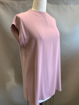 EILEEN FISHER, Mauve Pink, Silk, Solid, Crepe, Cap Sleeves, Round Neck,  Pullover, Tunic, 1 Button at CB Neck