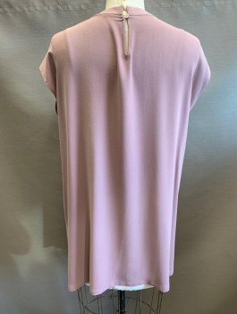 EILEEN FISHER, Mauve Pink, Silk, Solid, Crepe, Cap Sleeves, Round Neck,  Pullover, Tunic, 1 Button at CB Neck