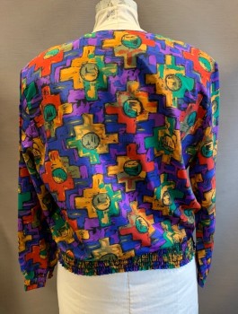 IMPRESSIONS OF CA, Multi-color, Royal Blue, Yellow, Red, Purple, Polyester, Geometric, Abstract , Long Sleeves, Button Front, Round Neck, Top Button is Oversized Gold, Elastic Smocked Waist, Padded Shoulders,