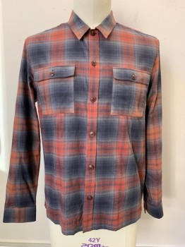 Ted Baker, Gray, Charcoal Gray, Rust Orange, Cotton, Plaid, L/S, Button Front, Collar Attached, Chest Pockets