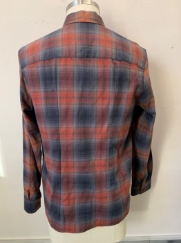 Ted Baker, Gray, Charcoal Gray, Rust Orange, Cotton, Plaid, L/S, Button Front, Collar Attached, Chest Pockets