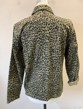 OBEY, Lt Brown, Black, Cotton, Animal Print, Leopard Spots, Denim, 5 Buttons, Collar Attached, 4 Patch Pockets