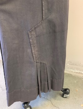Womens, Skirt 1890s-1910s, N/L MTO, Dk Gray, Linen, Solid, H:36, W:24, 1.5" Wide Self Waistband, Vertical Pleated Seams with Pleated Detail at Hem, Hook & Eye Closures in Back, Made To Order