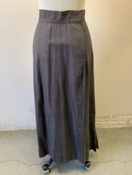 Womens, Skirt 1890s-1910s, N/L MTO, Dk Gray, Linen, Solid, H:36, W:24, 1.5" Wide Self Waistband, Vertical Pleated Seams with Pleated Detail at Hem, Hook & Eye Closures in Back, Made To Order