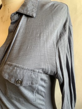 JAMES PERSE, Blue-Gray, Cotton, Solid, Button Front, Collar Attached, 2 Flap Pockets, 3/4 Sleeve, Ribbed Knit Side Seam Panels and Under Sleeve Panels