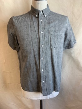 RAG & BONE, Gray, Cotton, Solid, Heathered, Button Down Collar, Button Front, S/S, 1 Pocket, Cuffed