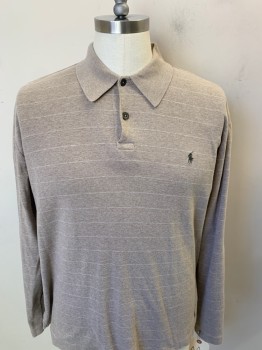 POLO, Oatmeal Brown, Cotton, Stripes - Horizontal , C.A., 1/4 B.F., Olive Green Embroidered Logo On Left Chest, L/S, Ribbed Collar & Cuffs 