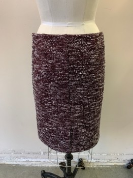 ANN TAYLOR PETITE, Maroon Red, White, Black, Poly/Cotton, Chevron, Speckled, Elastic Waist, Pencil Skirt, Knitted Pattern, Slubs