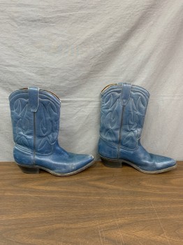 Womens, Cowboy Boots, NL, Navy Blue, Leather, 8.5, Self Stitched Pattern, Black Low Block Heel, Distressed Toe