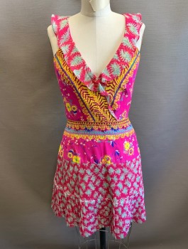 SALONI, Fuchsia Pink, Yellow, Sea Foam Green, White, Blue, Silk, Abstract , Floral, Surplice V-neck with Self Ruffled Edge, Hem Above Knee, Horizontal Panels at Hem with Varying Widths of Pleats, Invisible Zipper in Back