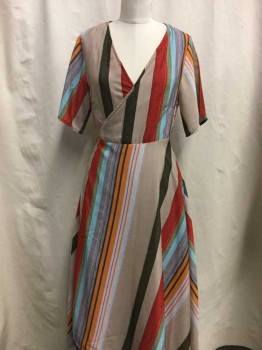 PORRIDGE, Multi-color, Polyester, Abstract , Stripes, Multi Color Abstract Stripe Print, Self Tie Wrap Dress, Short Sleeve,