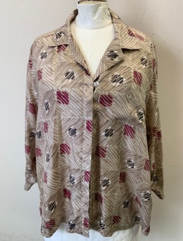 Womens, Blouse, DRESS BARN WOMAN, Taupe, Red Burgundy, Black, White, Silk, Abstract , Squares, 3X, Long Sleeves, Button Front, Notched Collar Attached, 1 Patch Pocket