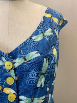 DEBRA MCGUIRE, Blue, Yellow, Sea Foam Green, Cotton, Animals, Swirl , V-N, Cap Sleeves, 4 Buttons Down Front, Zip Back, Pleated Skirt