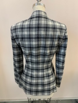 THEORY, Midnight Blue, White, Wool, Elastane, Plaid, Double Breasted, 6 Bttns, Notched Lapel, 2 Pckts With Flaps, Split Front, Marbled Buttons