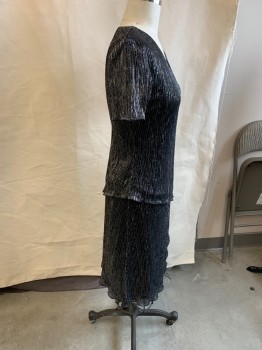 CONNECTED, Black, Silver, Polyester, Lurex, Stripes, V-N, S/S, Ribbed, Asymmetrical Ruffles, Padded Shoulders, 2000's