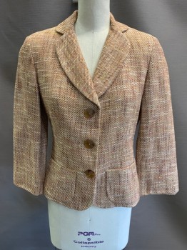 ANNE KLEIN, Beige, Brown, Lt Yellow, Red-Orange, Melon Orange, Viscose, Cotton, Tweed, Notched Lapel, Rounded Collar, Single Breasted, Button Front, 3 Buttons, 2 Patch Pockets