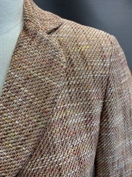 ANNE KLEIN, Beige, Brown, Lt Yellow, Red-Orange, Melon Orange, Viscose, Cotton, Tweed, Notched Lapel, Rounded Collar, Single Breasted, Button Front, 3 Buttons, 2 Patch Pockets