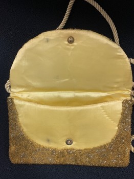 Womens, Purse, JEROMES, Gold, Beaded, Polyester, Solid, Abstract , Heavily Beaded Satin Envelope with Snap Closure, Satin Rope Strap