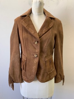 Womens, Leather Jacket, VENUS, Brown, Suede, S, Collar Attached, Notched Lapel, Single Breasted, 2 Buttons, 2 Pockets with Fringe, Fringe on Arms & Back