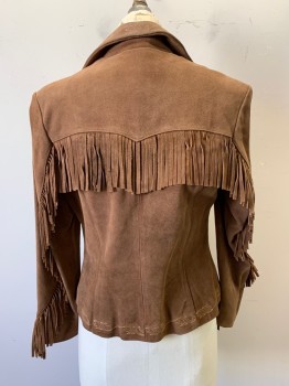 Womens, Leather Jacket, VENUS, Brown, Suede, S, Collar Attached, Notched Lapel, Single Breasted, 2 Buttons, 2 Pockets with Fringe, Fringe on Arms & Back