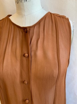 MAEVE, Brown, Synthetic, Solid, Fabric Covered Button Front, Sleeveless, Chiffon, Button Placket From Hem Detail