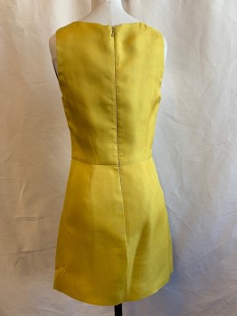 LELA ROSE, Mustard Yellow, Silk, Solid, Sleeveless, V-neck, Zip Back, Pleated Waist