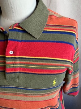 POLO, Olive Green, Red, Navy Blue, Orange, Multi-color, Cotton, Stripes, S/S, 2 Buttons,  Extra Long, Embroiderred Polo Logo, Plastic Pearl Buttons