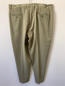 CLAIBORNE, Lt Olive Grn, Polyester, Solid, Zip Front, Button Closure, F.F, 4 Pockets, Creased